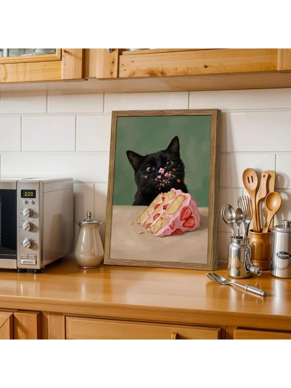 Whimsical Vintage Cat Wall Art - Cute Black Cat Eating Strawberry Cake Canvas